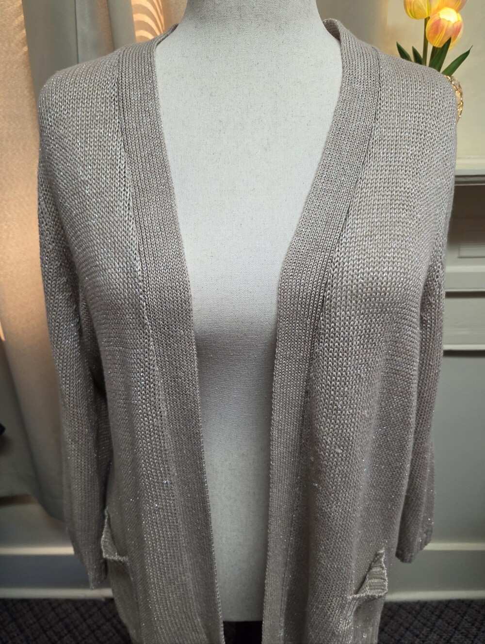 Chico's Shimmer Open-Front Taupe Cardigan Size XL